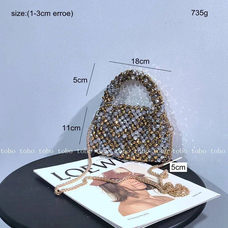 Crystal Bling Handmade Party Lunch Bags Unique Shiny Women's Handbag 2023 Trendy Female Sliver and Golden Long Belt Wallet