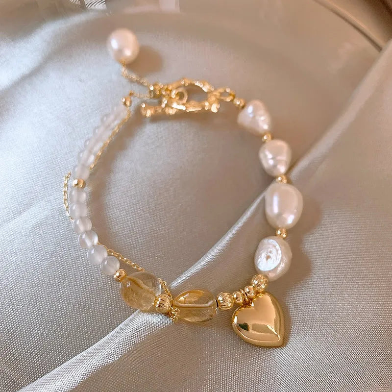 Romantic Love Heart Natural Baroque Freshwater Pearl & Yellow Crystal 14K Gold Filled  Jewelry Sets