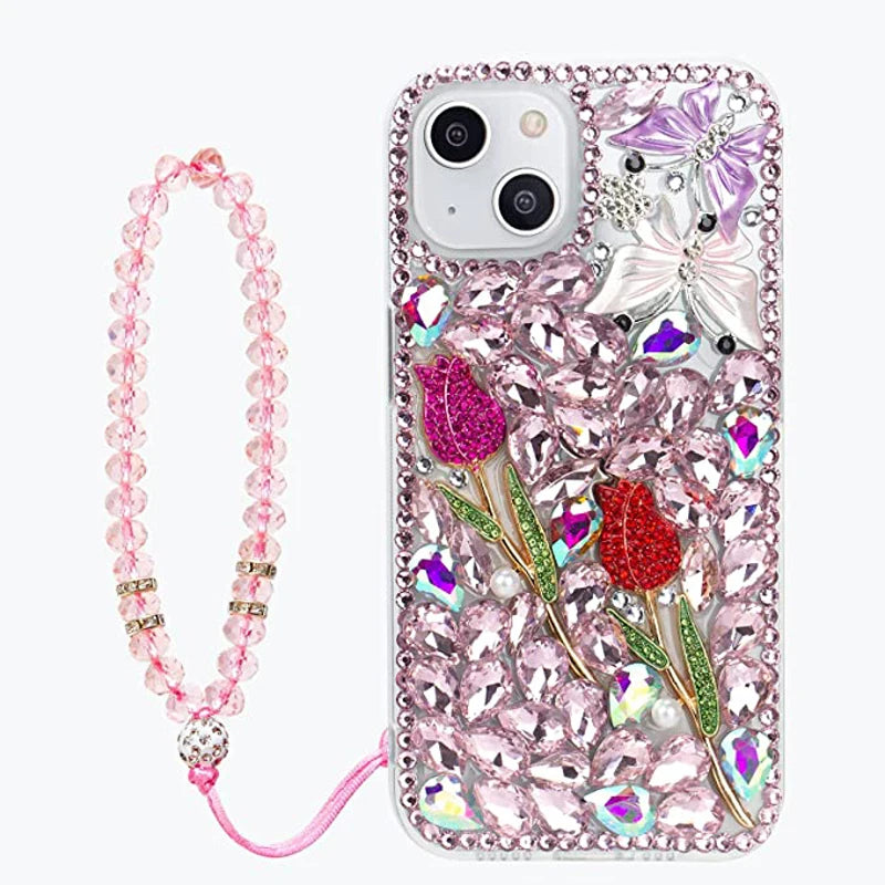 Luxury Sparkle Diamond Crystal Rhinestone Rose Flower Butterfly Case with Strap, for Huawei P50Pro, P40, Mate30, Honor 50, 60Pro