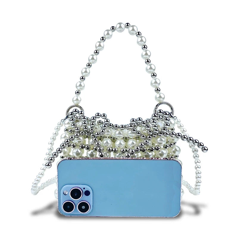 Western style Hollow Woven Pearl Bag Silver Bow Handheld Small Bag Fashionable Commuter Crossbody Bag Handmade Bag