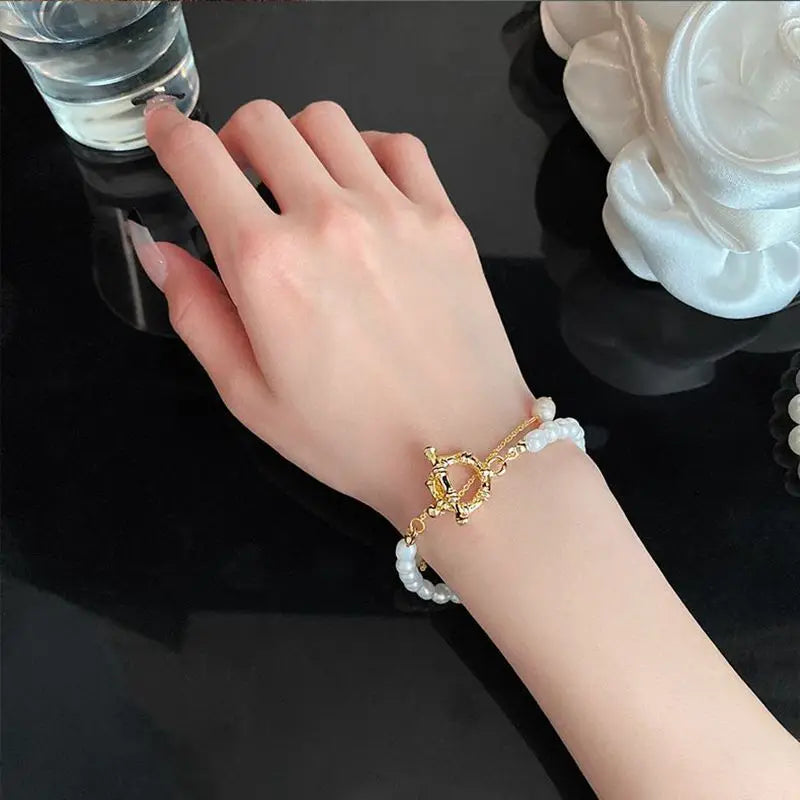 Fashion Simple Design Natural Freshwater Pearl 14K Gold Filled Ladies Double Bracelet Jewelry