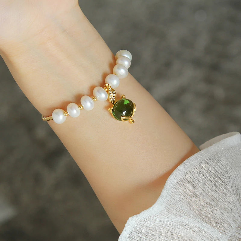 Sweet Little Fox Animal Green Crystal 14K Gold Filled Natural Freshwater Pearl Ladies Charm Bracelets Jewelry