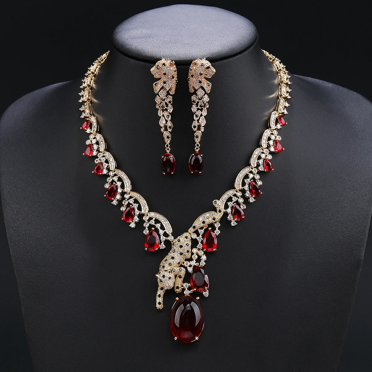 New Luxury Red, Blue, Yellow Cubic Zirconia Animal Leopard Necklace Earrings Set Ladies Party Costume Jewelry Set CN11371