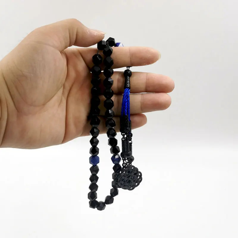 Tasbih Gemstone Rhombus Natural Black Onyx with lapis lazuli stone Muslim Prayer Beads  Misbaha Islamic Rosary Arabic