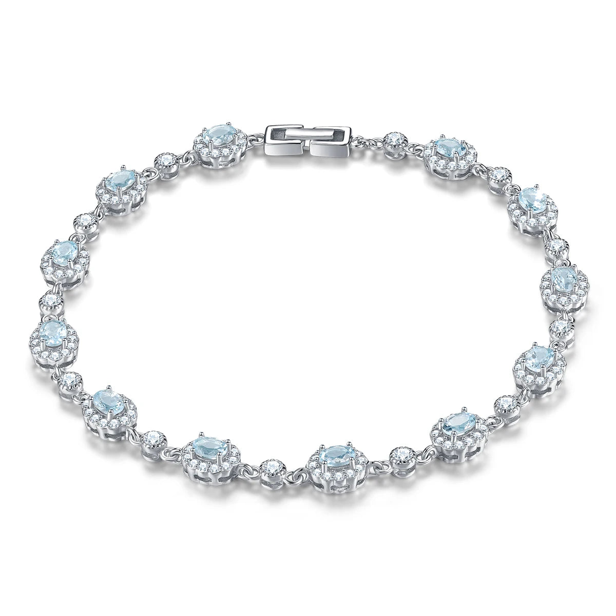 Natural Aquamarine Sterling Silver Bracelet S925 Women Jewelry 2.9 Carat Genuine Gemstone Light Blue Classic