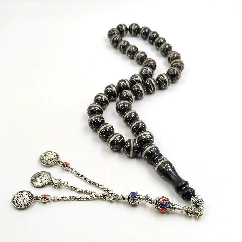 Tasbih Yusr Natural black coral FROM Red sea luxurious misbaha handmade silvers misbaha Bracelet muslim eid gift