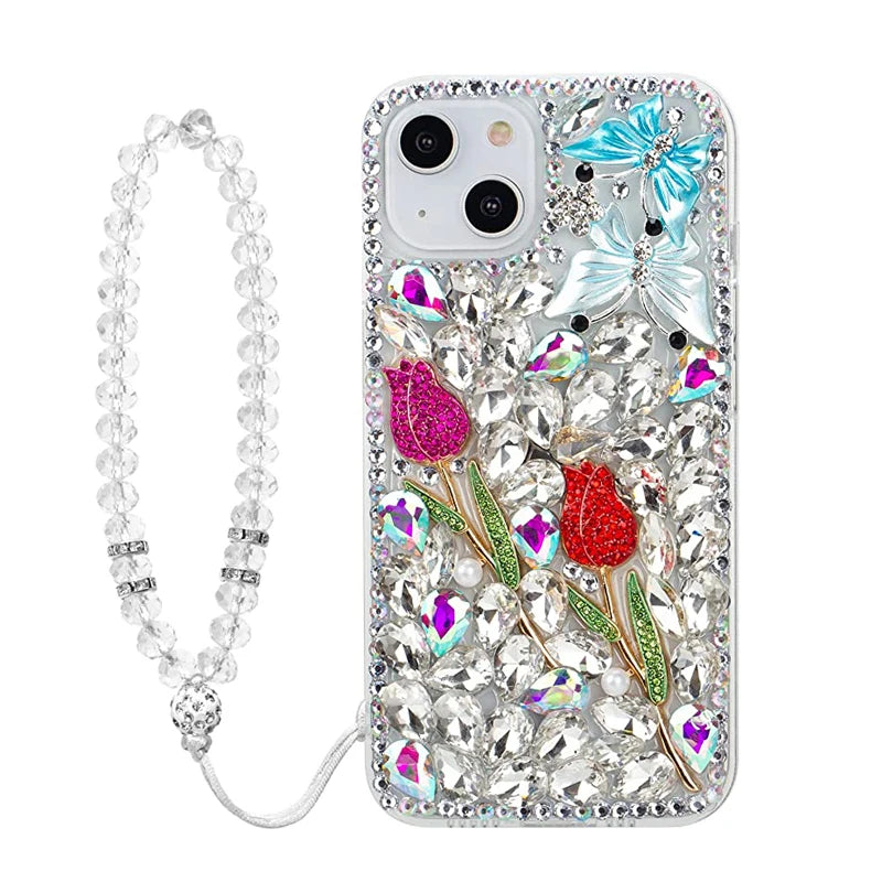 Luxury Sparkle Diamond Crystal Rhinestone Rose Flower Butterfly Case with Strap, for Huawei P50Pro, P40, Mate30, Honor 50, 60Pro