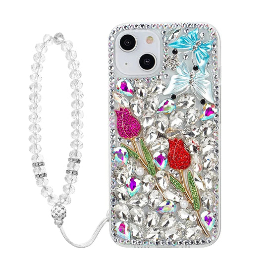 Luxury Sparkle Diamond Crystal Rhinestone Rose Flower Butterfly Case with Strap, for Huawei P50Pro, P40, Mate30, Honor 50, 60Pro