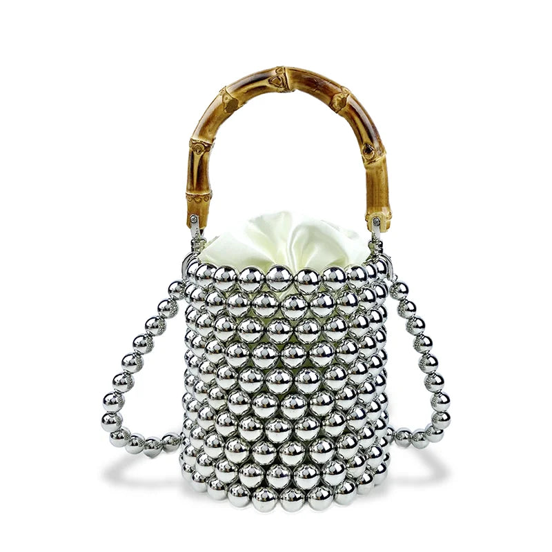 Product Network Red Bamboo Knot Handle Bag Pearl Chain Mini Bucket Bag