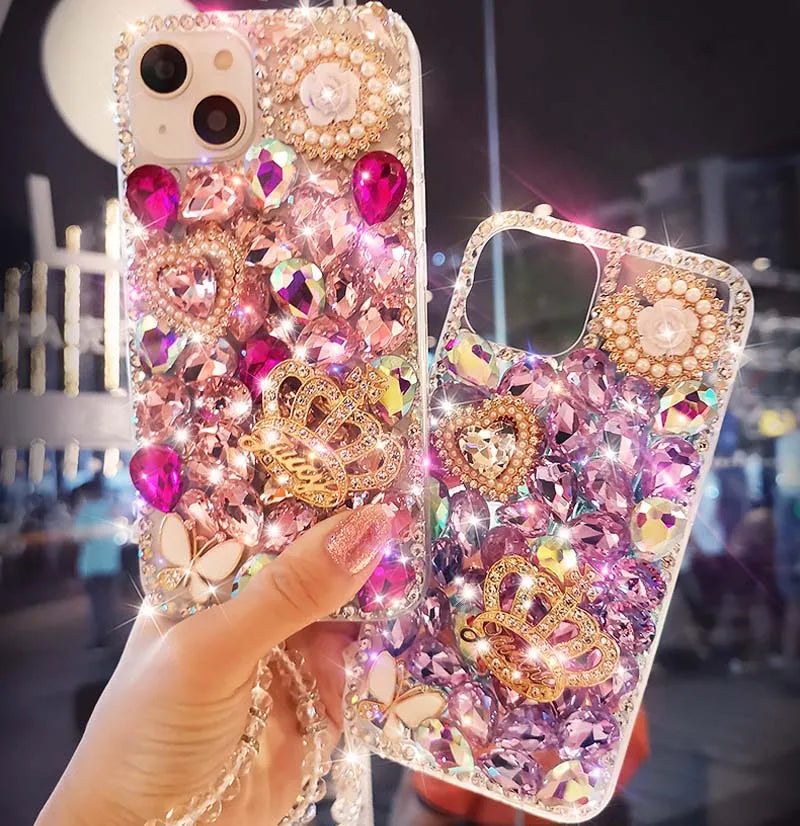 Hard PC Phone Cover Case for Huawei P50Pro, P40, Mate 30, Honor 9X, 50, 60Pro, Crown Diamond Design, Wristband, Mosaic