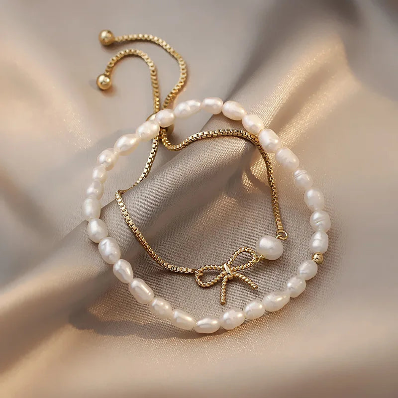 High Quality Fashion Bowknot 14K Gold Filled Natural Freshwater Pearl Two Piece Set Bracelet Jewelry