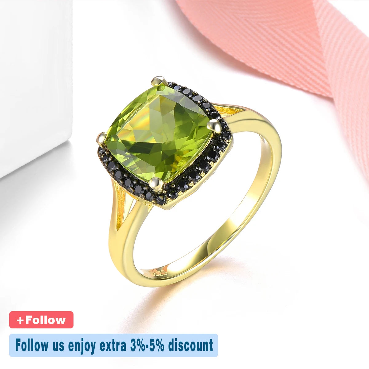 Natural Peridot Black Spinel Silver Yellow Gold Plated Ring 3 Carats Genuine Gemstone Speical Design Top Quality