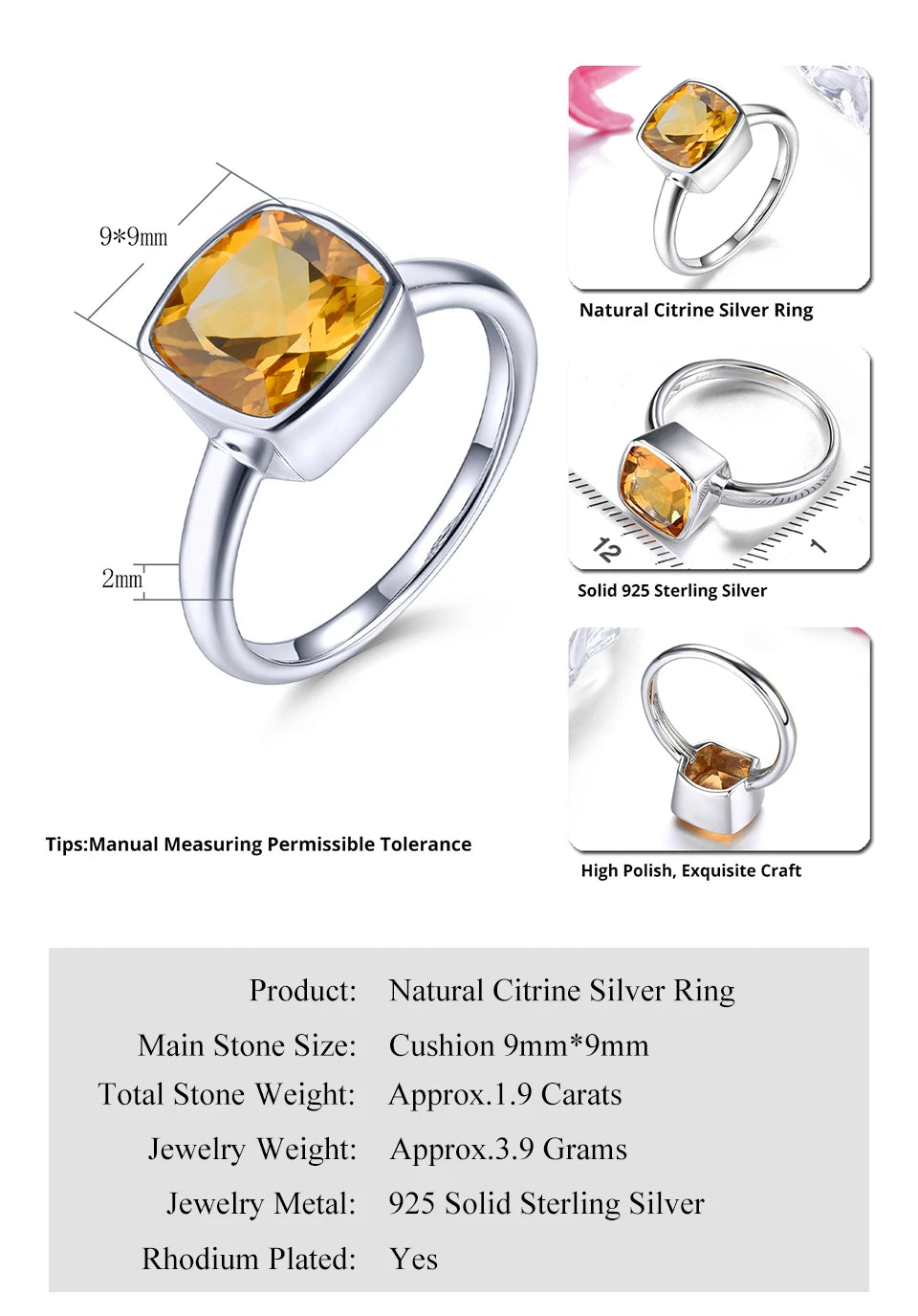 Natural Citrine Solid Silver Rings 1.9 Carats Genuine Gemstone Classic