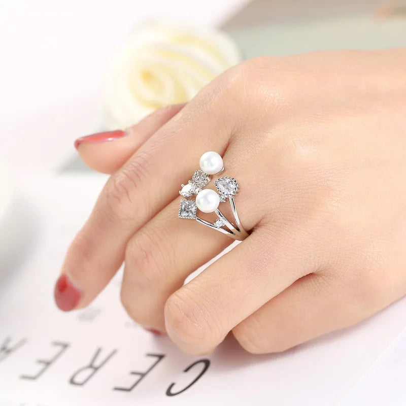 Cute Female Rings 925 Sterling Silver Rings for Women Double Layer Pearl Design Adjustable Rings for Lover Gift Fashion Jewelry