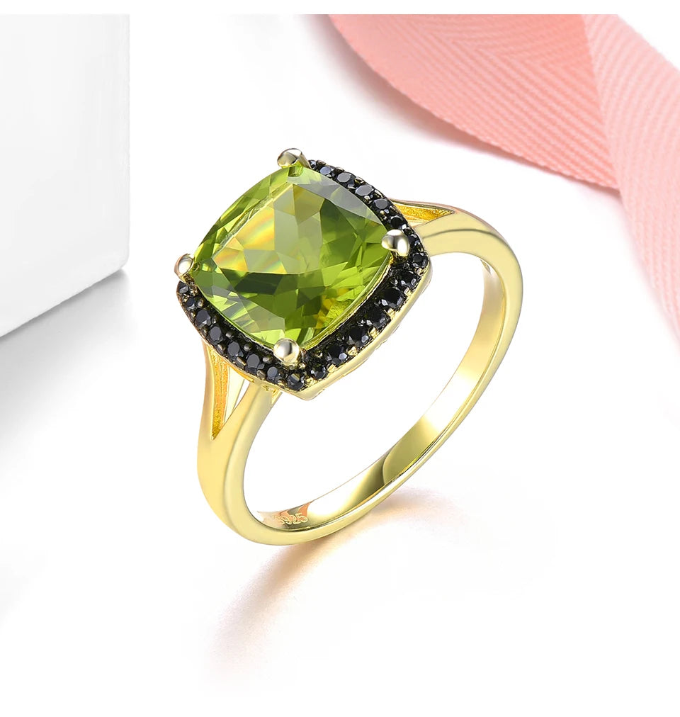 Natural Peridot Black Spinel Silver Yellow Gold Plated Ring 3 Carats Genuine Gemstone Speical Design Top Quality