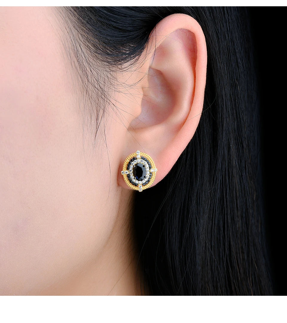 Natural Genuine Black Spinel Yellow Gold Classic Fine Jewelry S925