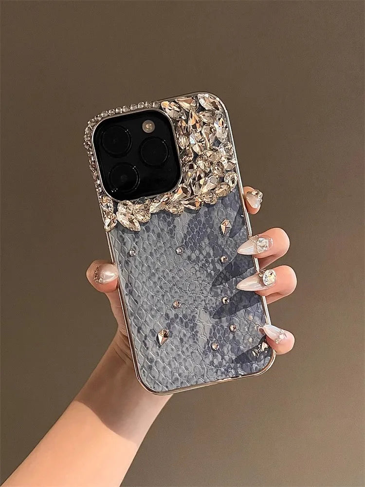 Bling Silver Diamond Glitter Phone Casing For iPhone 16 15 Pro Max 11 12 13 14 Pro Max Luxury Snake Leather Plating Back Cover