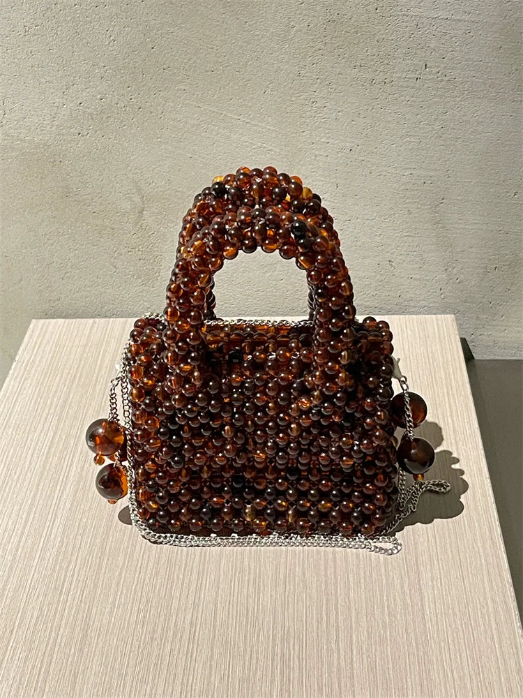 New Fashion High Quality  Design  Shoulder Bags  Tortoiseshell Color Acrylic Beaded Knitted MIni Bag