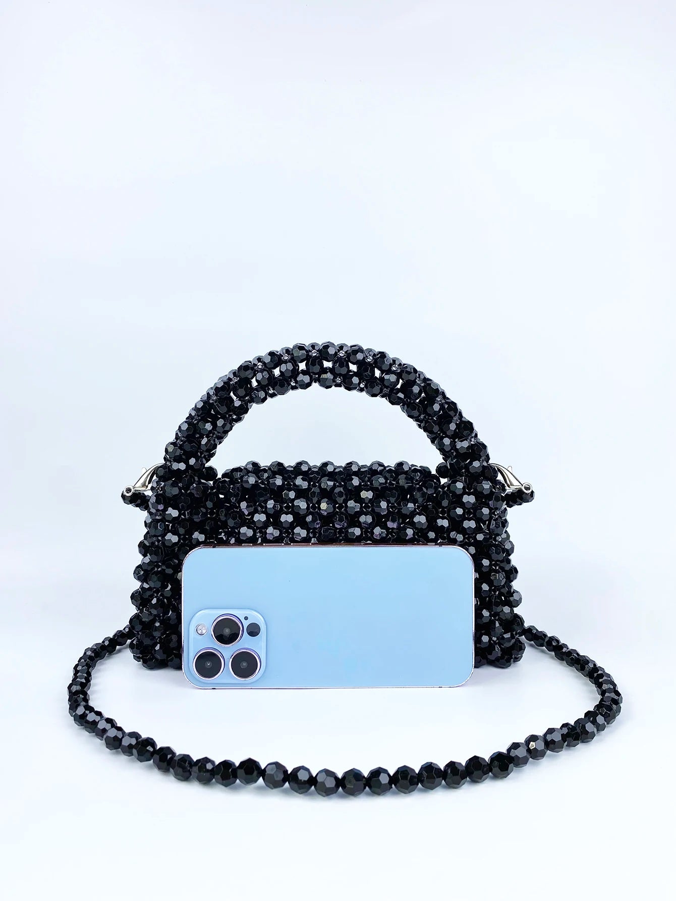 Bestselling and popular beaded handheld phone bag, small square bag, black beads, fashionable and versatile woven bag