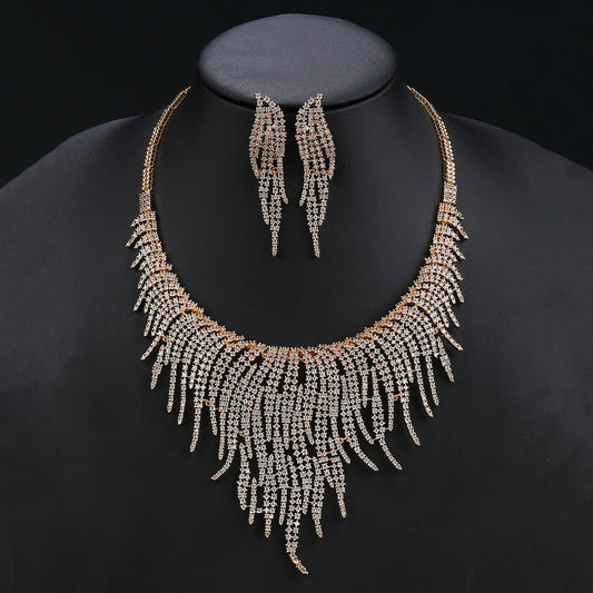 Luxury 2Pcs White ，Gold Necklace Earrings Set Cubic Zircon Women Wedding Party Jewelry Set CN11239