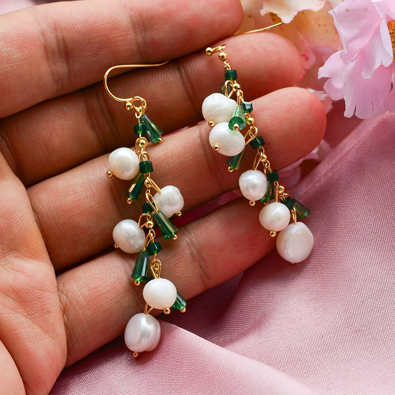 Trendy Green Crystal & Natural Freshwater Pearl 14K Gold Jewelry