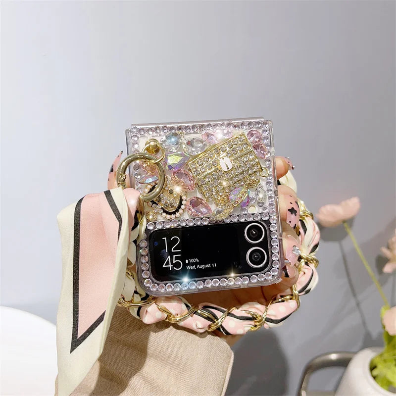 Rhinestone Diamond Stone Silk Wrist Phone Case For Samsung Galaxy Z Flip 6 5 3 4 5G