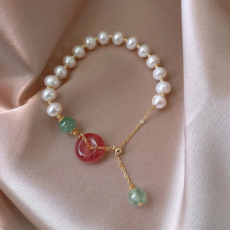 100% Natural Freshwater Pearl & Strawberry Quartz 14K Gold Filled Female Charm Bracelet Wholesale Jewelry