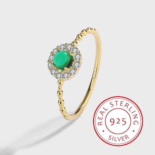 Retro Luxury Authentic S925 Silver 14K Gold Emerald Small Gold Bead Edge Ring Fashionable and Versatile