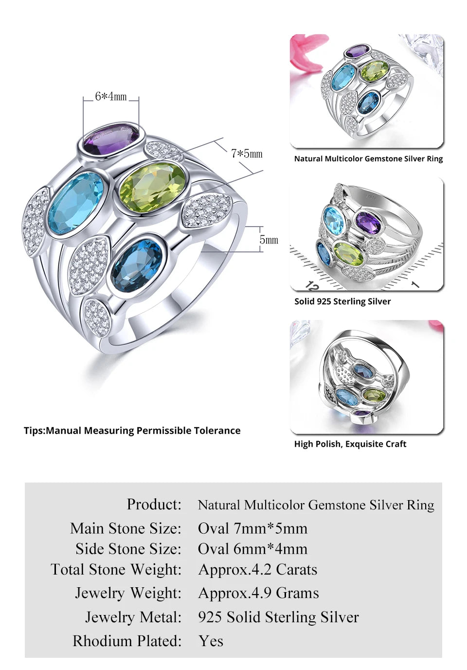 Natural Blue Topaz Peridot Amethyst Solid Silver Rings 4.2 Carats Genuine Multicolor Gemstone