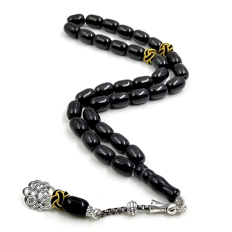 Tasbih natural black agate stone Barrel shape bracelet Handmade Trabizon misbaha Muslim  turkish design prayer beads