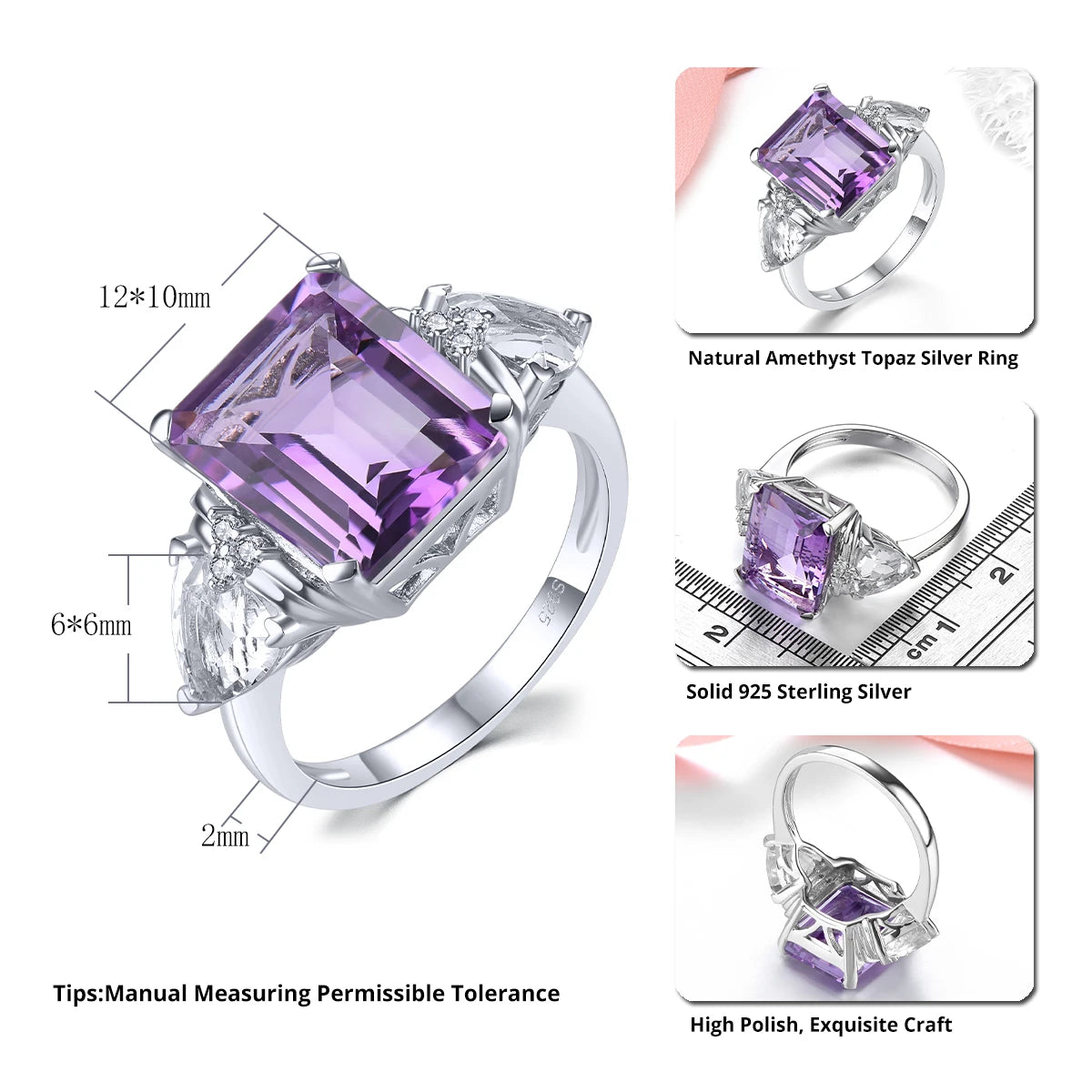 Natural Amethyst White Topaz Solid Sterling Silver Rings 7.5 Carats Genuine