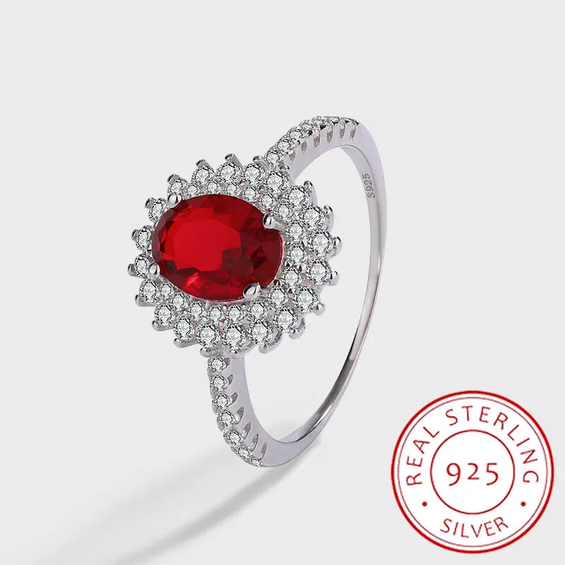 Exquisite Genuine S925 Silver Four-claw Oval Ruby Flower Full of Diamond Ring Women's Valentine's Day Gift Jewelry