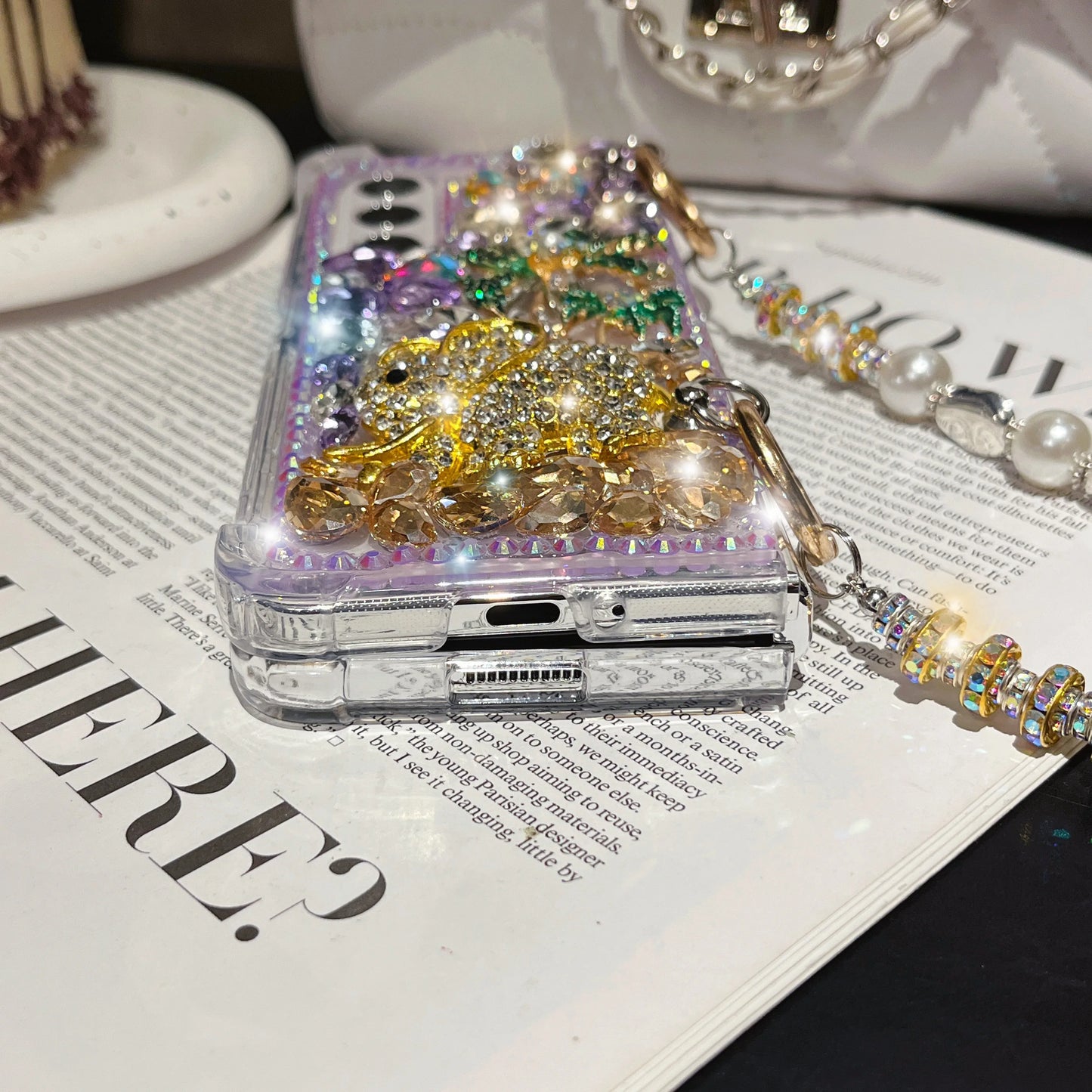 For Samsung Galaxy Z Fold 6 5 4 3 Luxury Cute Pearl Diamond Crystal Tree Wrist Strap Glitter Candy Wrist Phone Case Cover