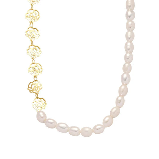 Sweet Camellia Flower Natural Freshwater Pearl 14K Gold Filled Asymmetry Female Chains Necklace Jewelry