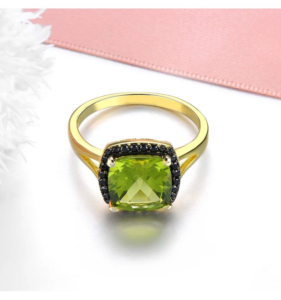 Natural Peridot Black Spinel Silver Yellow Gold Plated Ring 3 Carats Genuine Gemstone Speical Design Top Quality