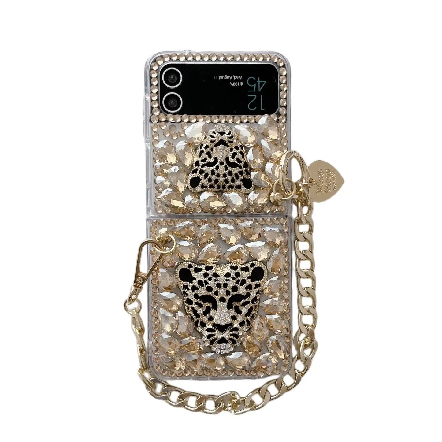 Luxury Gift Diamond Gems Leopard Wrist Heart Chain Tassel Strap Phone Case Cover For Samsung Galaxy Z Flip 6 5 3 4 5G F7110