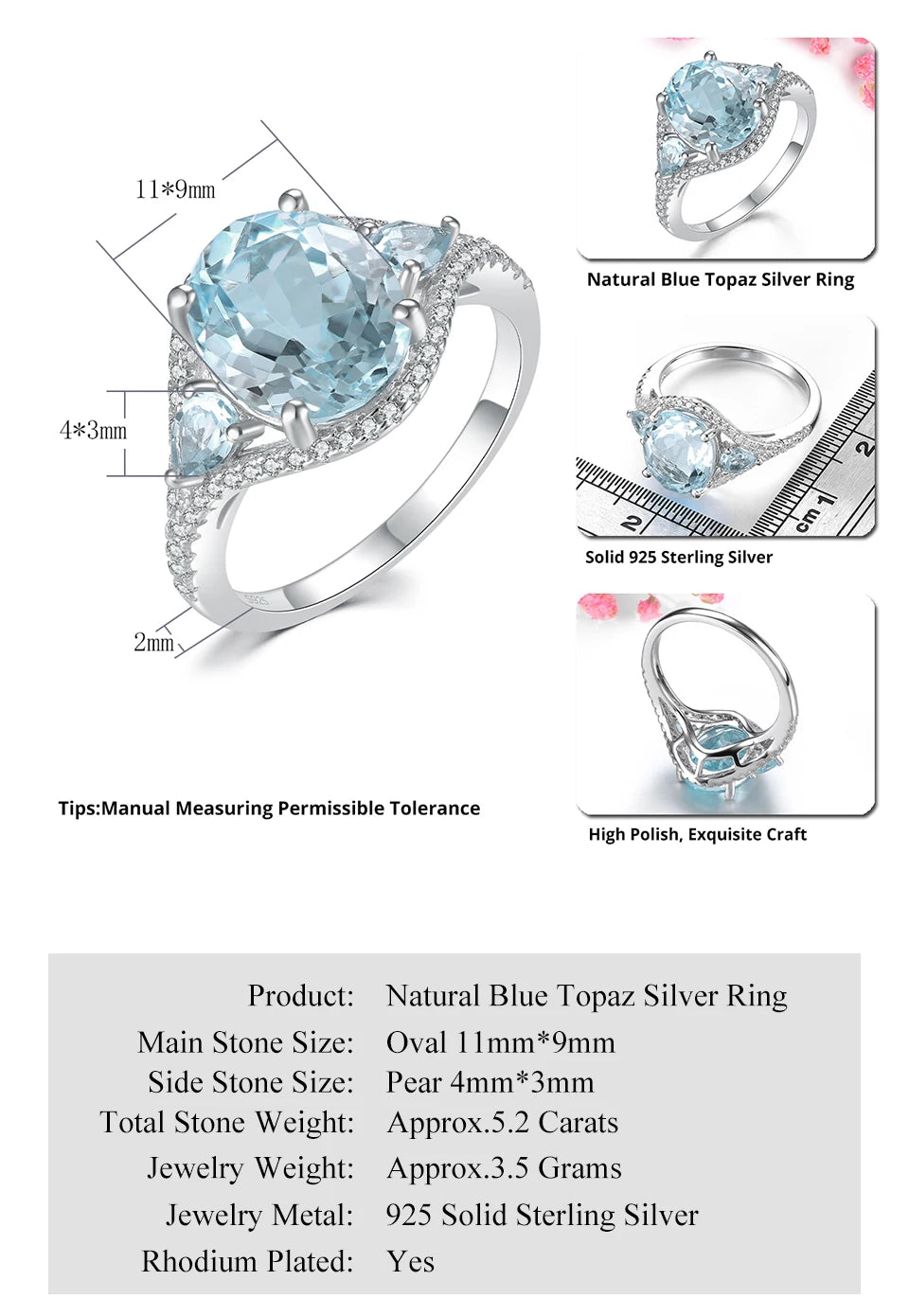 Natural Sky Blue Topaz Solid Sterling Silver Rings 5.2 Carats Genuine Gemstone  Jewelry Style S925