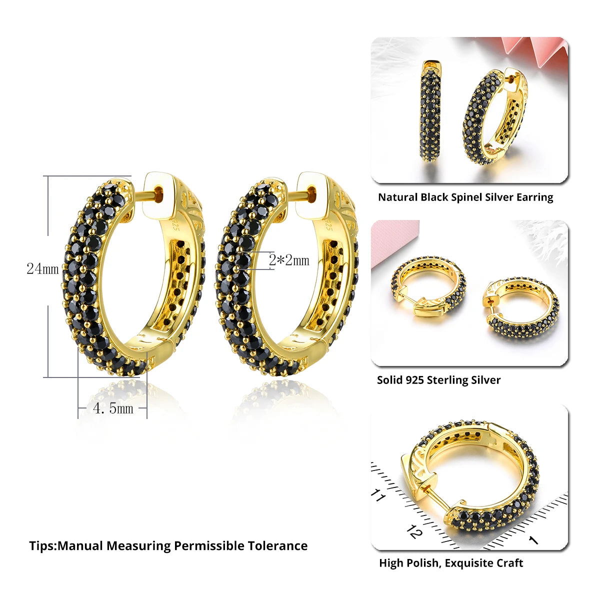 Natural Black Spinel Silver Hoop Earring S925 Yellow Gold  Spinel Classic Original Style Top Quality