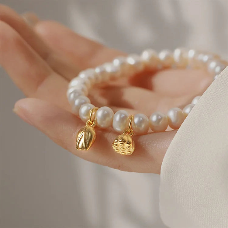 100% Natural Freshwater Pearl 14K Gold Filled Elegant Lotus Seedpod Ladies Charm Bracelet Jewelry