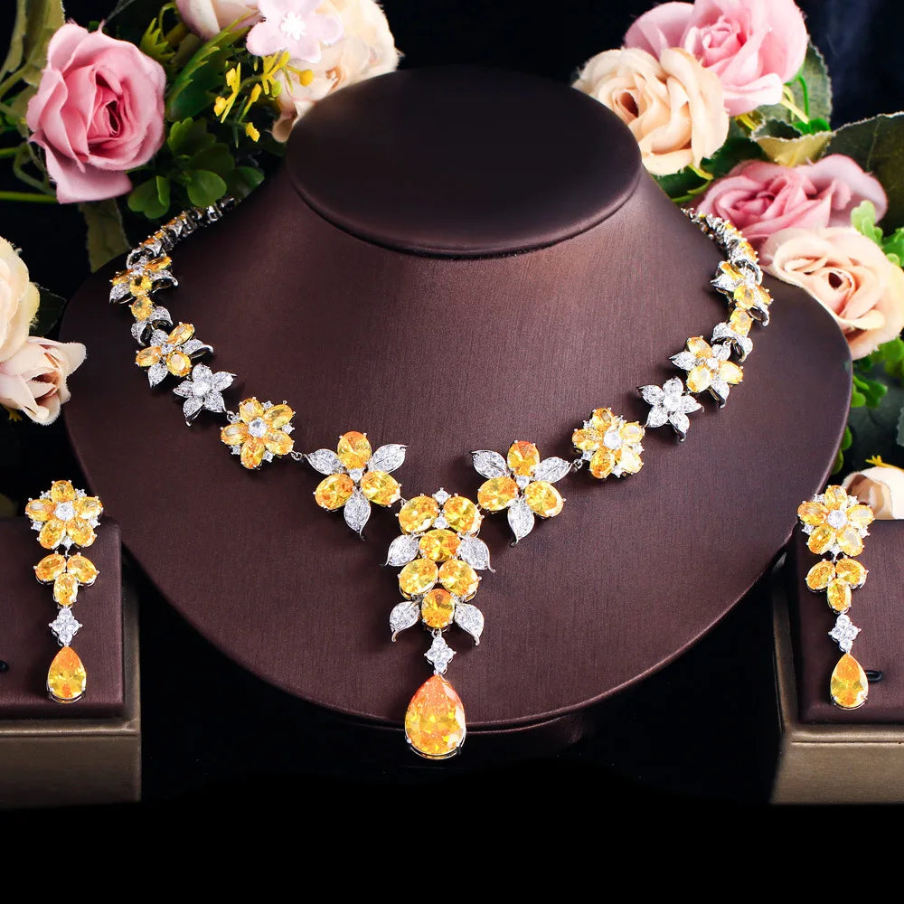 Yellow Luxury Cubic Zircon Flower Necklace Earrings Two Piece Set Dress Wedding Bride Dress Jewelry Set LYT0315