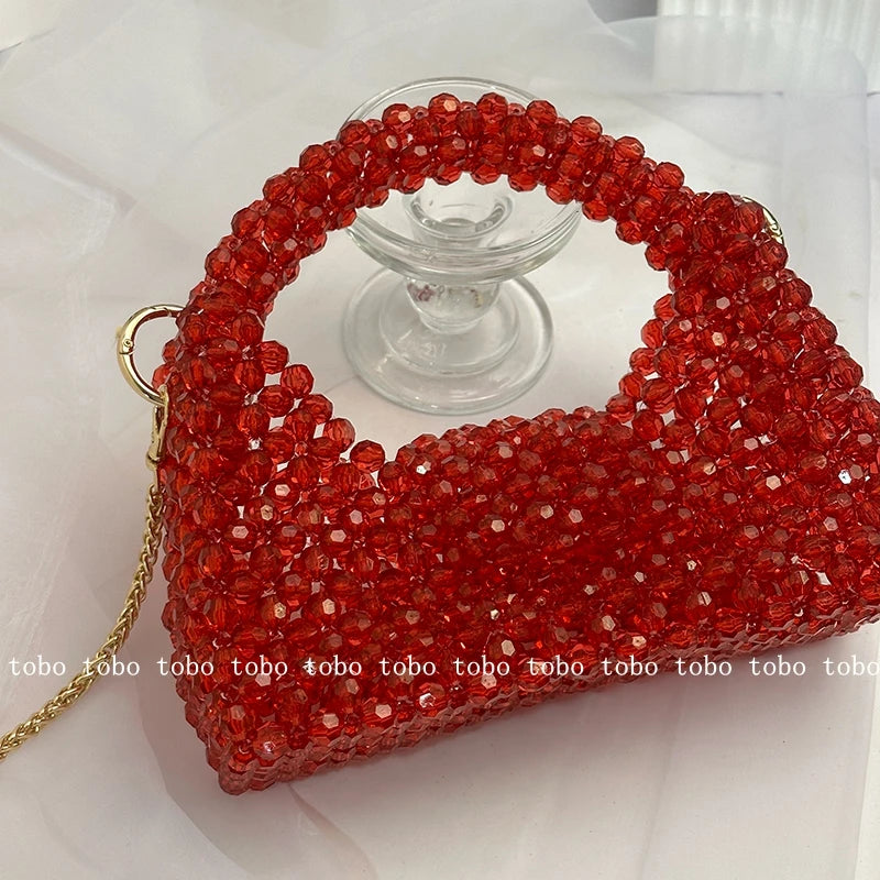 Original Red Half Moon Handbags Homemade Beade Woven Ladies Long Chain Bags Versatile Casual Retro Designer Party Bag