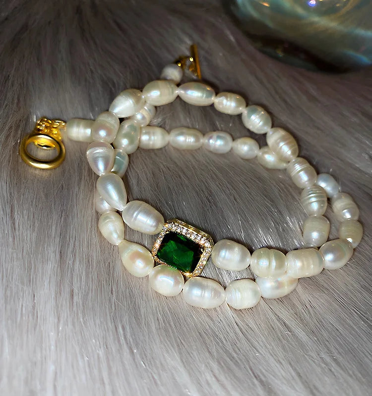 100% Natural Freshwater Pearl Trendy Green Square Crystal 14K Gold