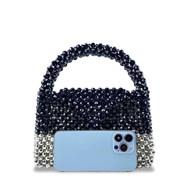 New Casual Style Versatile Black Silver Block Color Handmade Beaded Bag