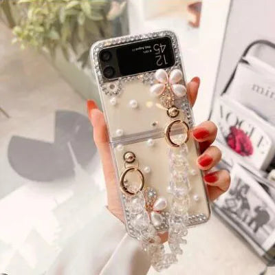 For Samsung Galaxy Z Flip 6 5 4 3 5G F7110 F7070 Rhinestones Crystal Pearl Gems Crown Flower Wrist Luxury Phone Case Cover