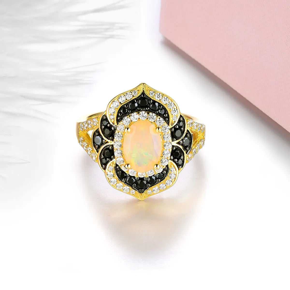 Natural Opal Black Spinel Silver Yellow Gold Plated Ring 2.5 Carats Genuine  Luxury