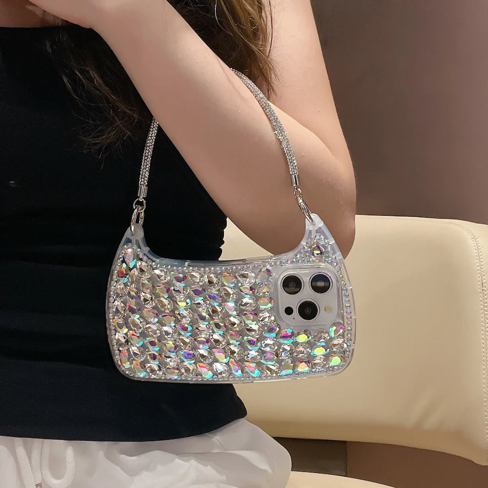 Luxury Diamond Glitter Phone bags Case for iPhone 16 Pro Max 3D Rhinestones Strap Bling Cover for iPhone 15 14 Plus 11 12 Pro