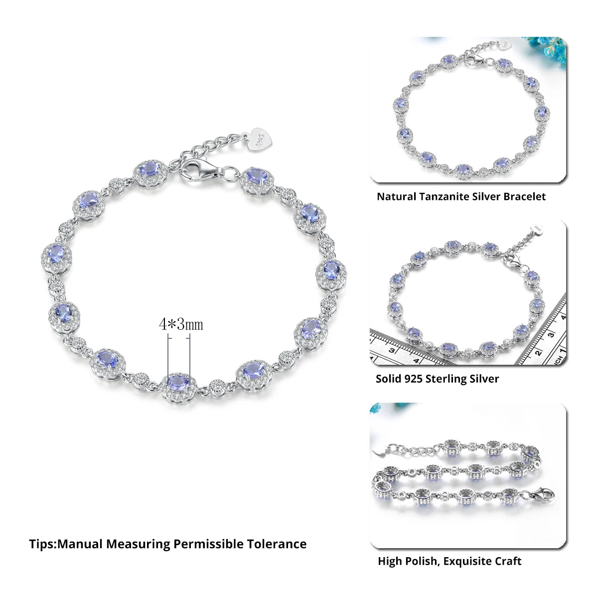 Natural Genuine Tanzanite Solid Sterling Silver Bracelets 2 Carats Rhodium Plated  S925 Classic