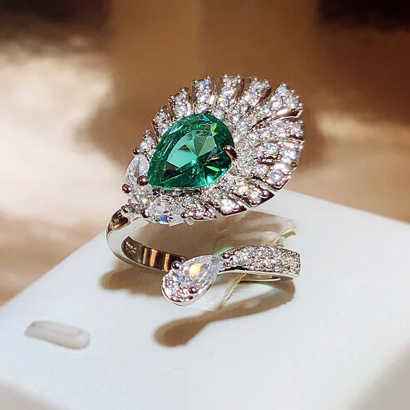 Unique Irregular Peacock Tail Oval Emerald Full Diamond Zirconia  Jewelry