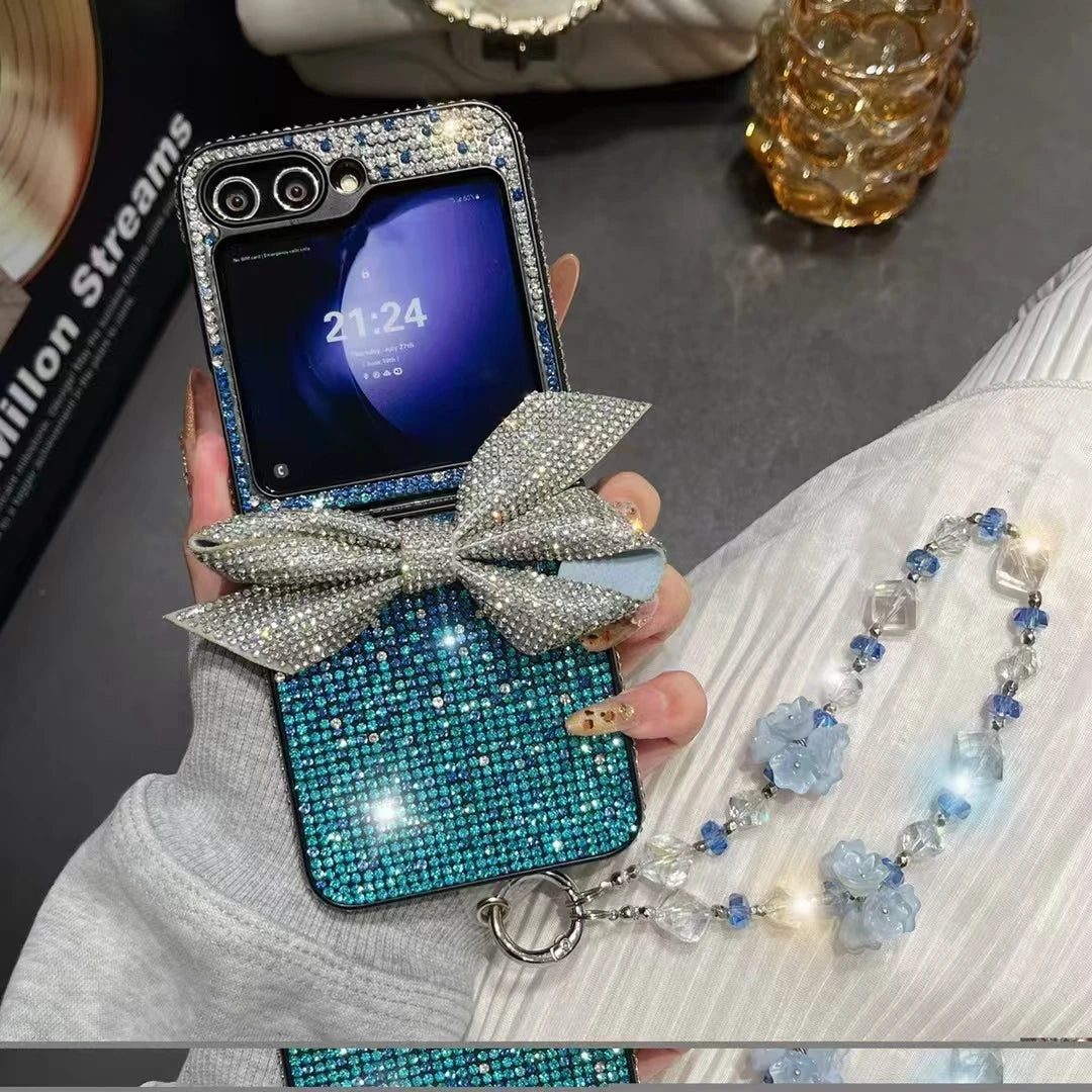 Luxury Change Color Diamond Bling Phone Case With Bow Flower Pearl Strap For Samsung Galaxy Z Flip 3 4 5 6 F7220 Creative Wrist