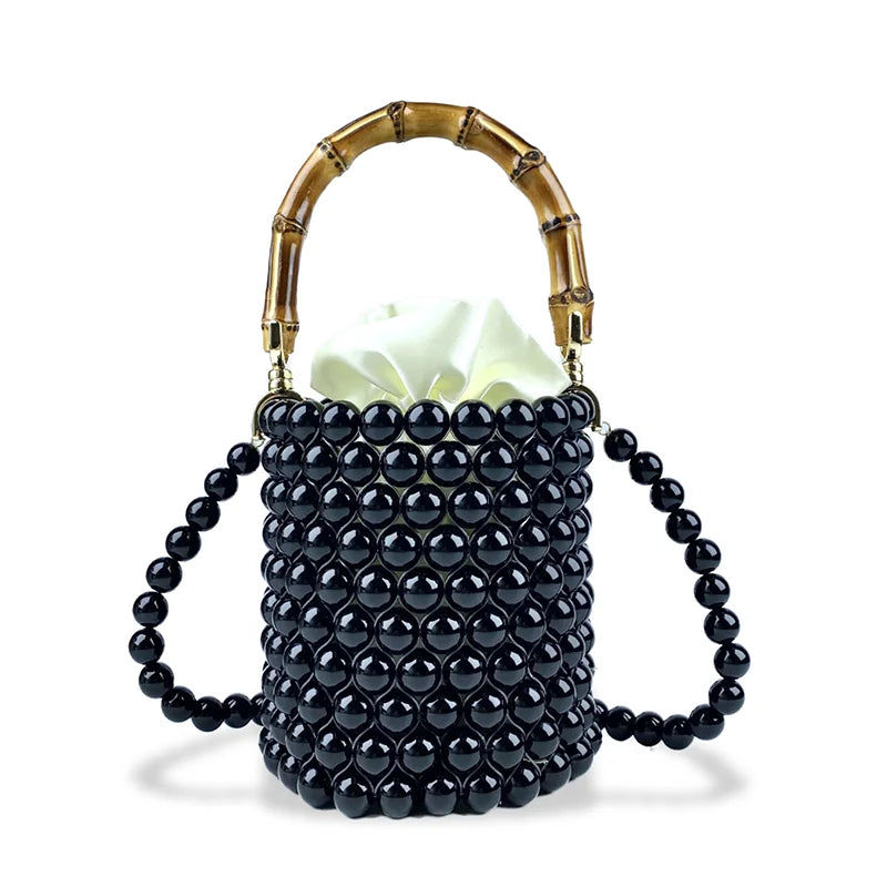 Product Network Red Bamboo Knot Handle Bag Pearl Chain Mini Bucket Bag